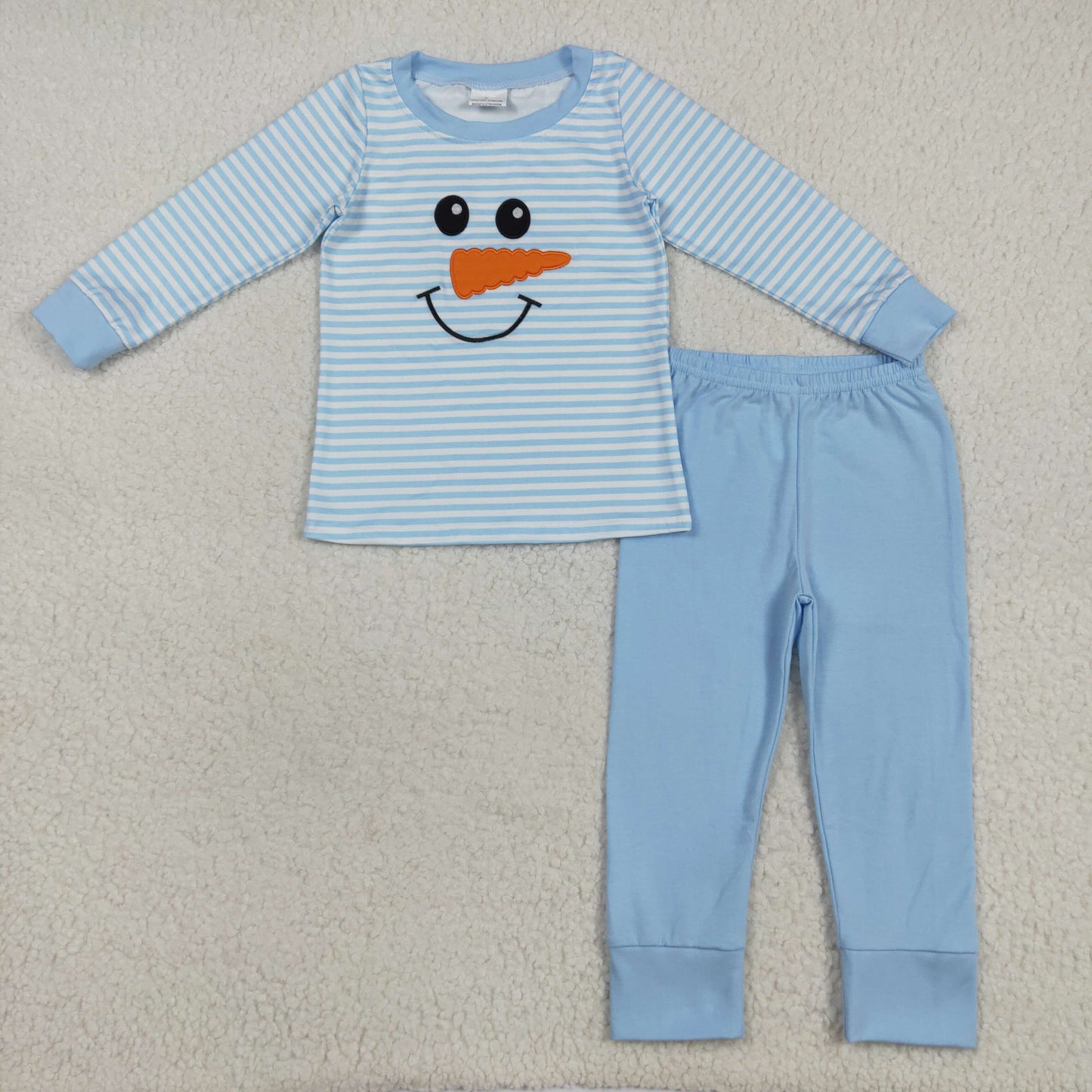 RTS NO MOQ（In Stock) BLP1150 Christmas Embroidered Snowman Smiley Face Blue Stripe Long Sleeve Long Pants Pajama Set