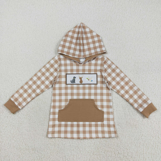 RTS NO MOQ（In Stock) BT1285 Embroidered Puppy, Elk, and Duck Brown Plaid Pocket Polka Dot Hooded Long-Sleeved Top
