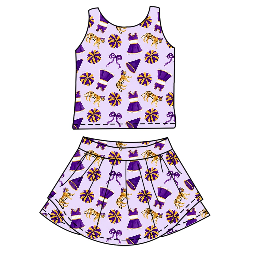 custom moq 5 mix size ATL062504 Baby Girls Purple Team Bow Print Bummie Sets Girls Athletic Wear