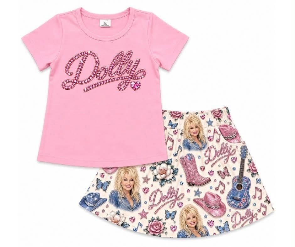custom moq 5 mix size KAYN01 Baby Girls Letter Short Sleeve T‑shirt With Western Guitar Cowboy Print Flare Pants Skirt Clothes Set
