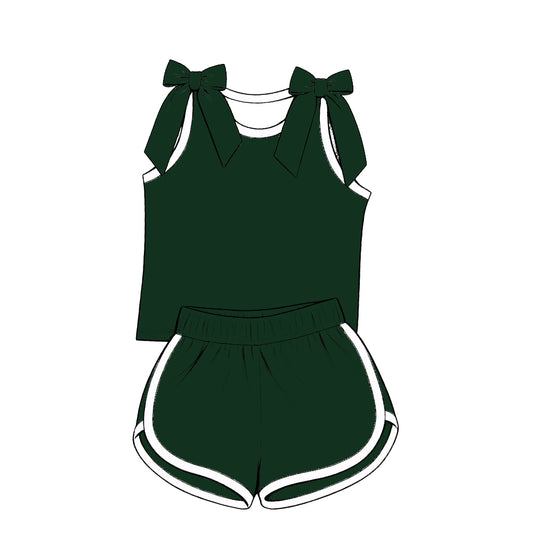 custom moq 5 mix size Baby Girls Green Bow Sleeveless Top Shorts Summer Set