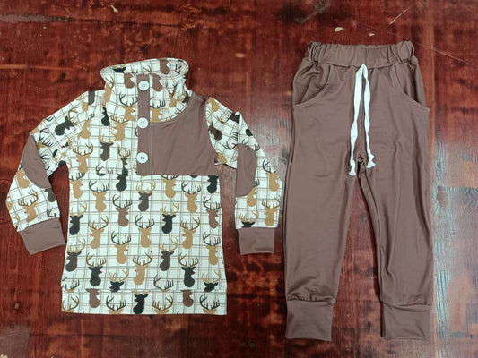 Custom moq 3 eta 6-7weeks Dark Brown Elk Print Button-Down Long Sleeve Top & Drawstring Pants Set