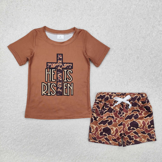 RTS NO MOQ ETA 5/7days Arrived BSSO1162 he is risen camouflage cross brown short-sleeved shorts set