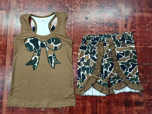 Custom moq 3 eta 6-7weeks baby girls clothes camouflage bow sleeveless shorts sets-25.5.8