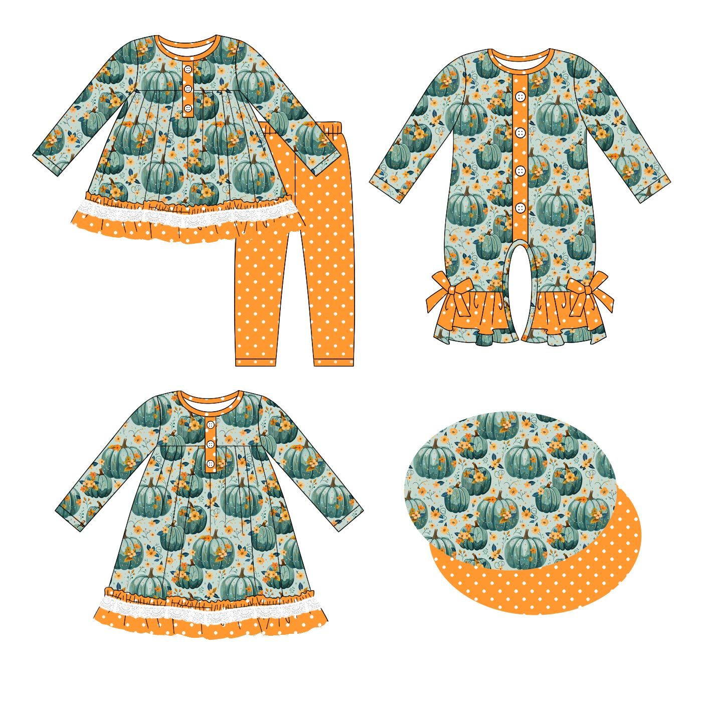 Custom moq 5 each style eta 6-7weeks baby girl clothes pumpkin long sleeve pants sets and romper and dress -25.8.25