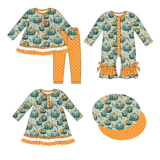 Custom moq 5 each style eta 6-7weeks baby girl clothes pumpkin long sleeve pants sets and romper and dress -25.8.25