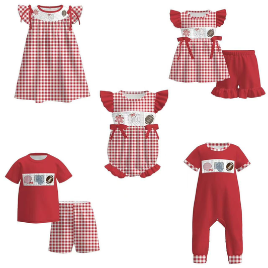 Custom summer teams baby girls clothes team brick red short sleeve shorts sets dress romper-25.7.15