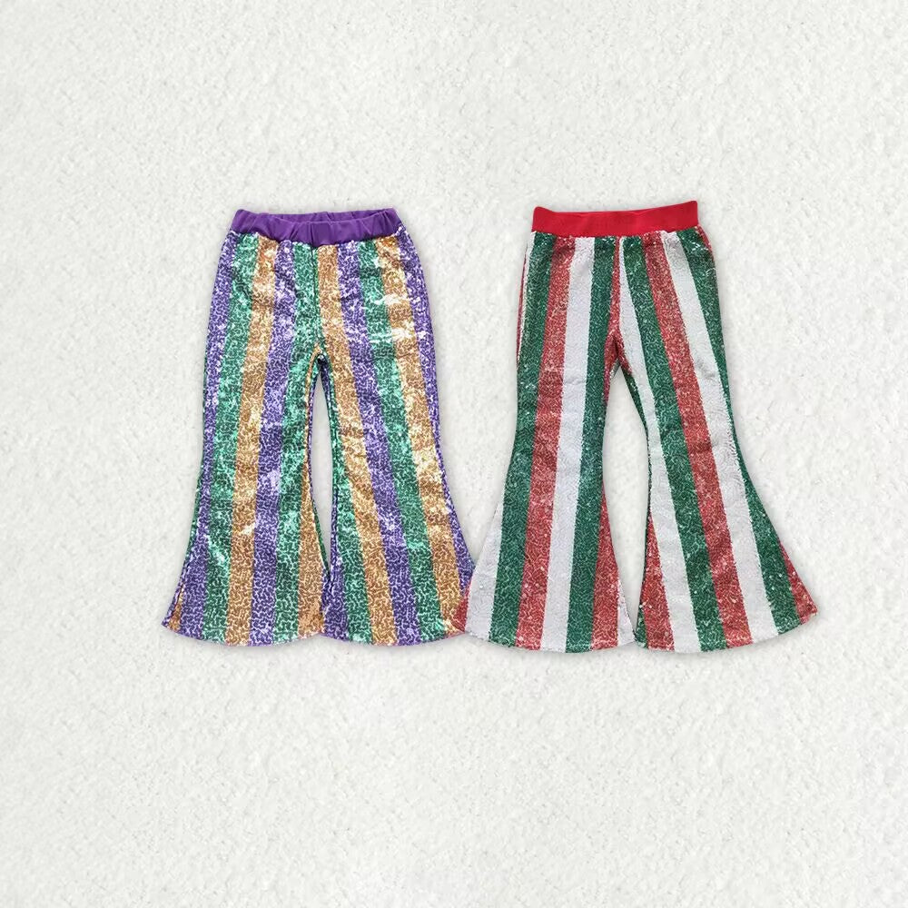 RTS NO MOQ P0277 P0199 Sequin Striped Elastic Flared Pants: Yellow Purple & Red Green
