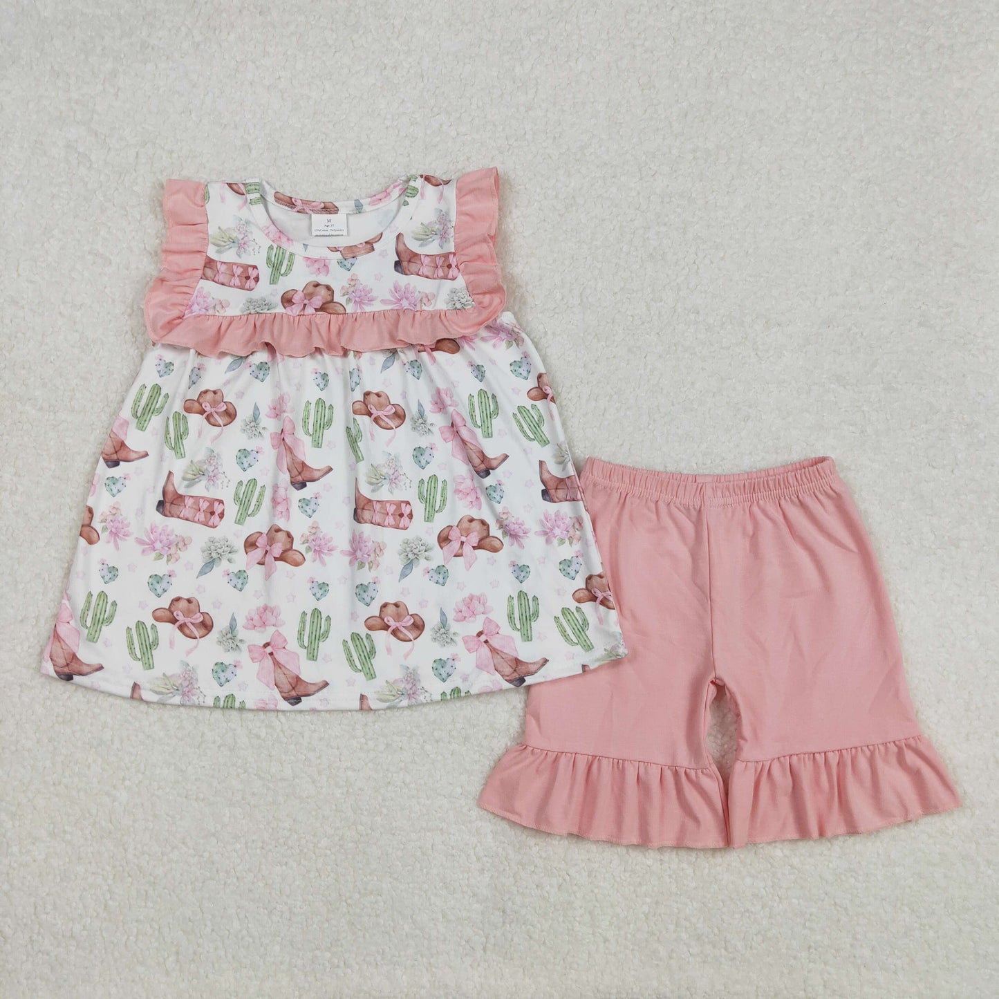 RTS NO MOQ ETA 5/7days Arrived GSSO2066 Pink bow pattern hat cactus flower lace white sleeveless shorts set