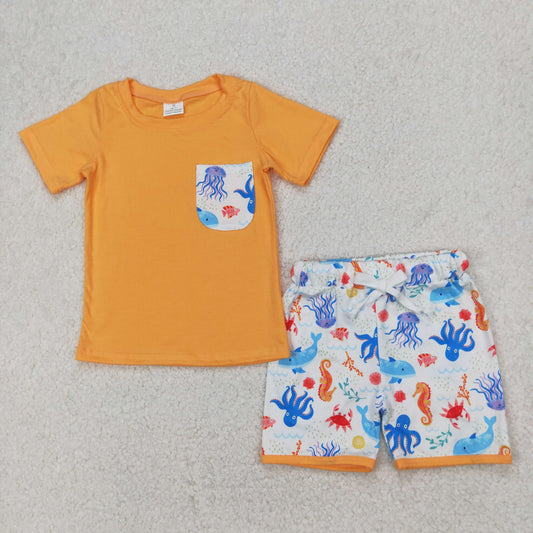 RTS NO MOQ ETA 5/7days Arrived BSSO1299 Seahorse octopus underwater animal pocket orange short-sleeved shorts suit