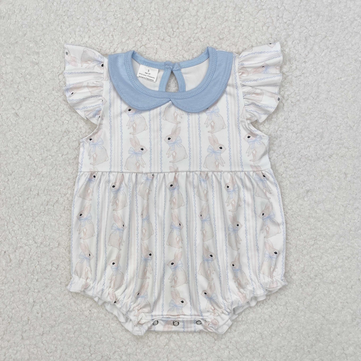 RTS NO MOQ ETA 5/7days arrived SR2132 Easter bunny bow pattern blue doll collar white vest jumpsuit