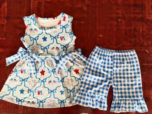 Custom moq 3 eta 6-7weeks baby girls clothes firework blue plaid sleeveless shorts sets