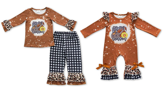 RTS NO MOQ GLP0706 tis the season leopard print pumpkin rugby brown long sleeve plaid trousers suit