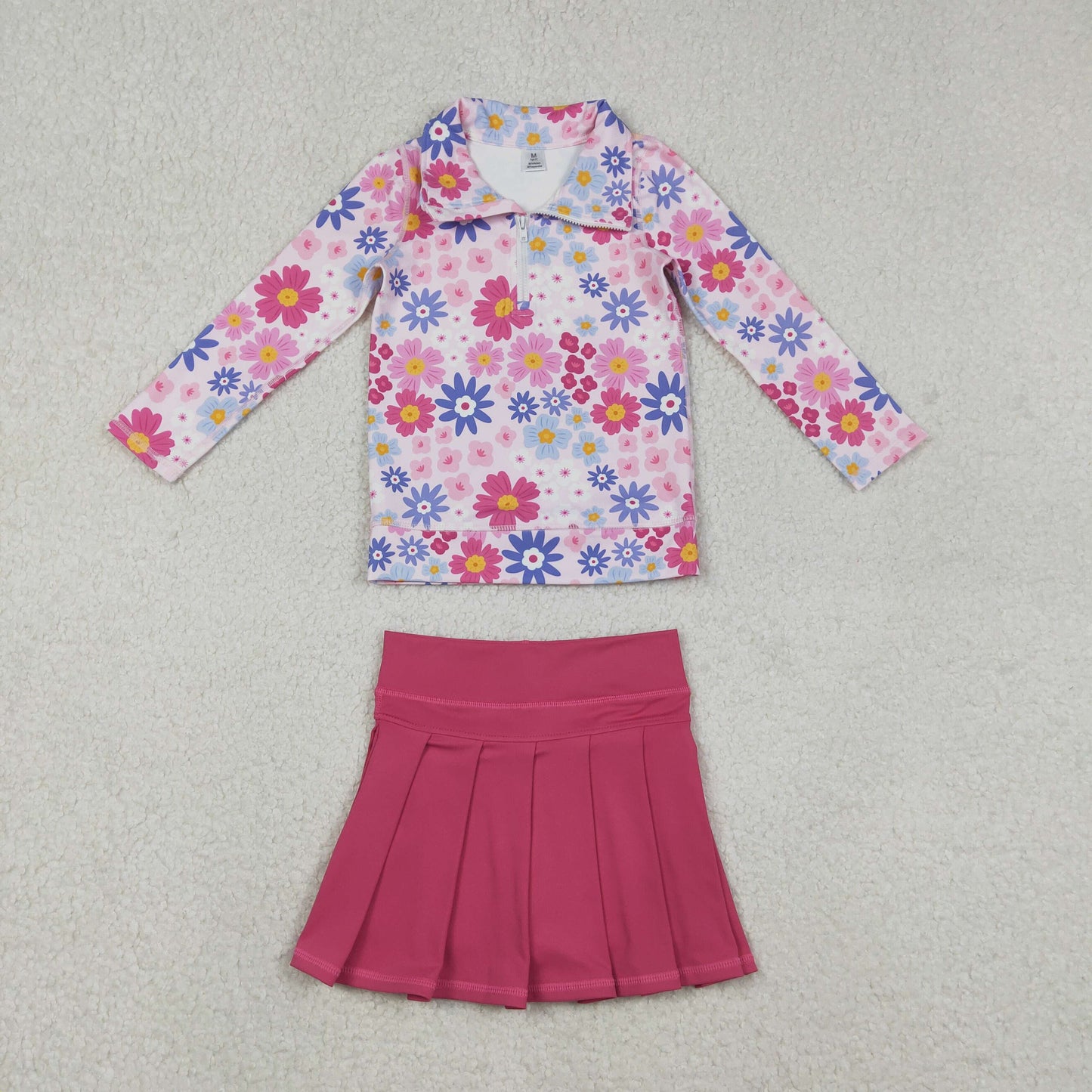 RTS NO MOQ（In Stock) Colorful Floral Zipper Yoga Long-Sleeve Top Solid Color Rose Red Yoga Skirt set-GLD1418