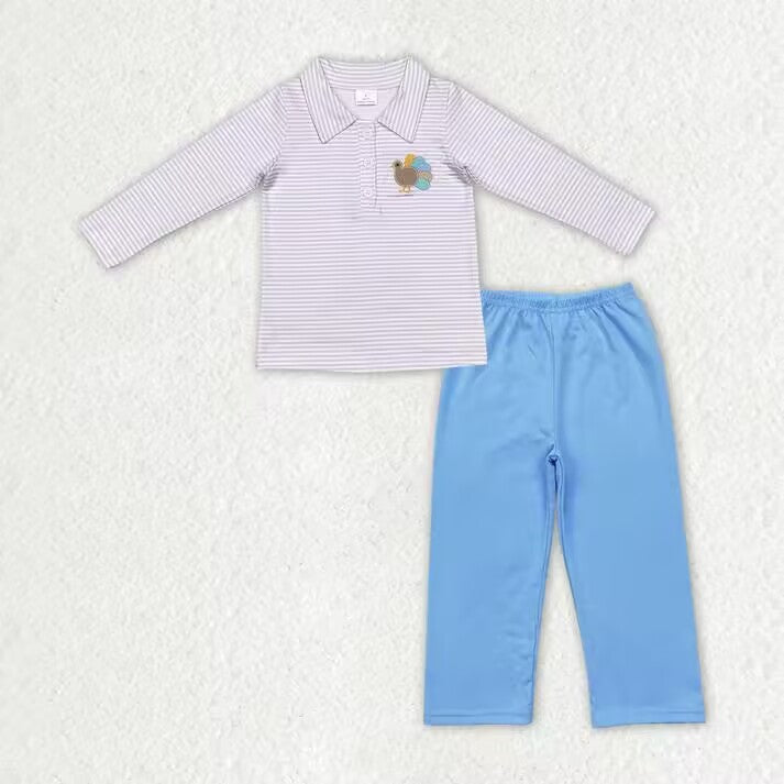 RTS NO MOQ Embroidered colorful turkey pattern boy and girl gray long-sleeved suit
