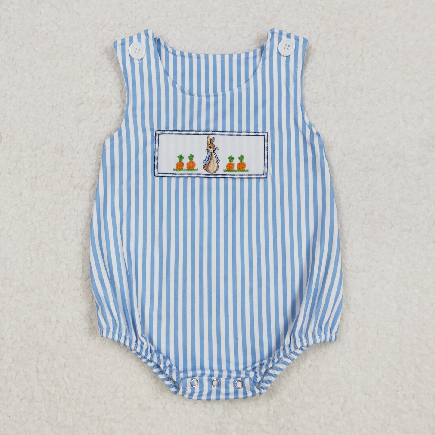 RTS NO MOQ（In Stock) Embroidered carrot rabbit blue striped vest jumpsuit