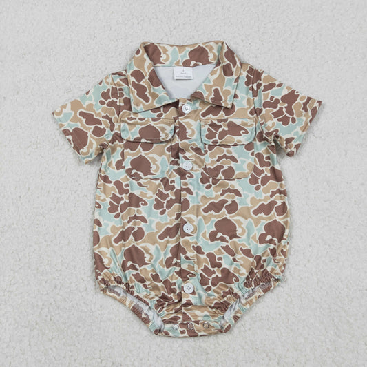 RTS NO MOQ（In Stock) Blue-Green-Brown Camouflage Pocket Button-Up Collar Short-Sleeve Jumpsuit