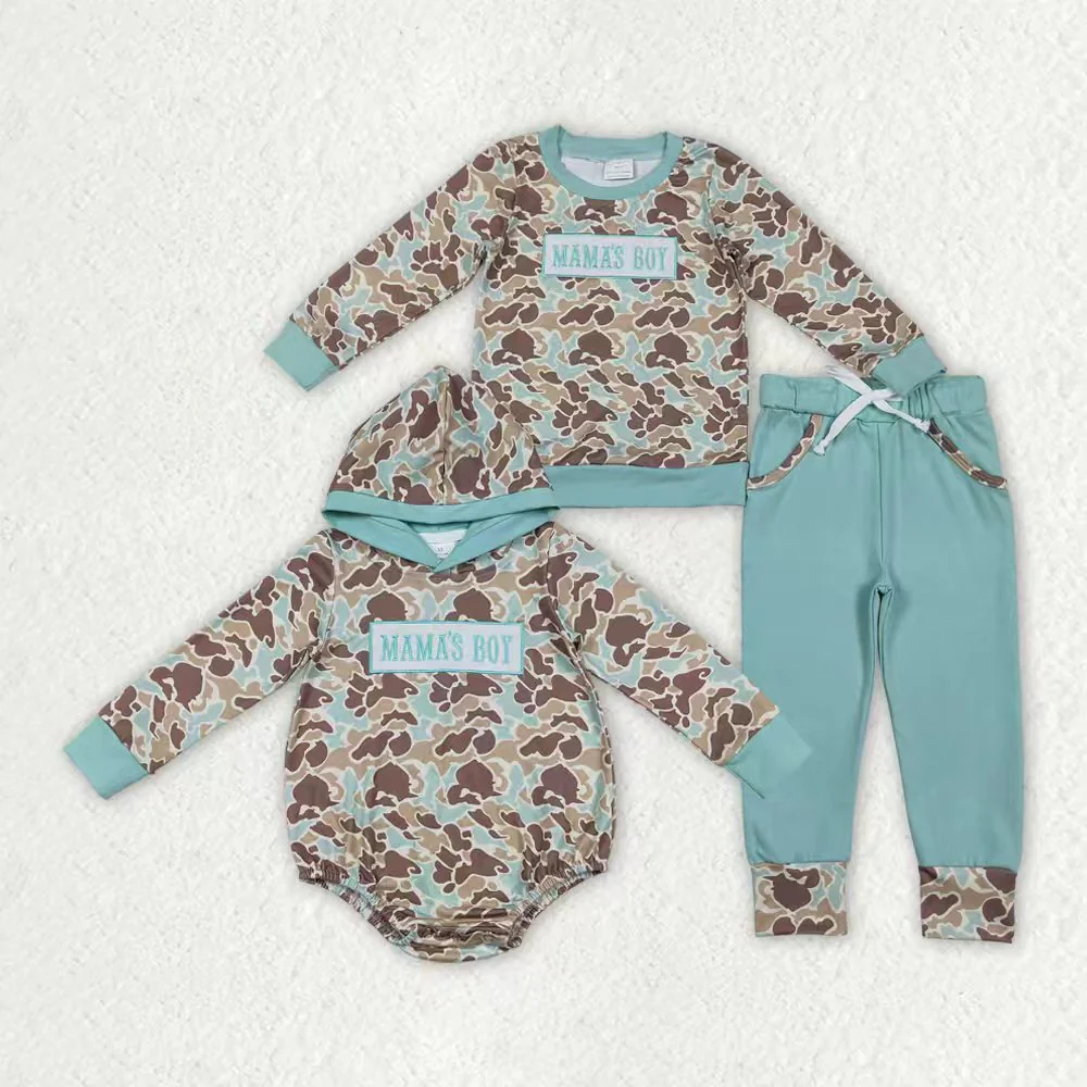 RTS NO MOQ Sibling Baby boy clothes embroidery mama long-sleeved trousers suit & rompers