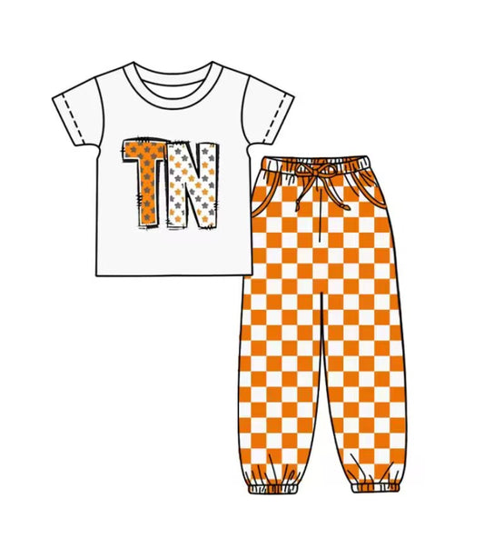 Custom summer teams baby boy clothes team orange plaid short sleeve pants sets-25.8.30