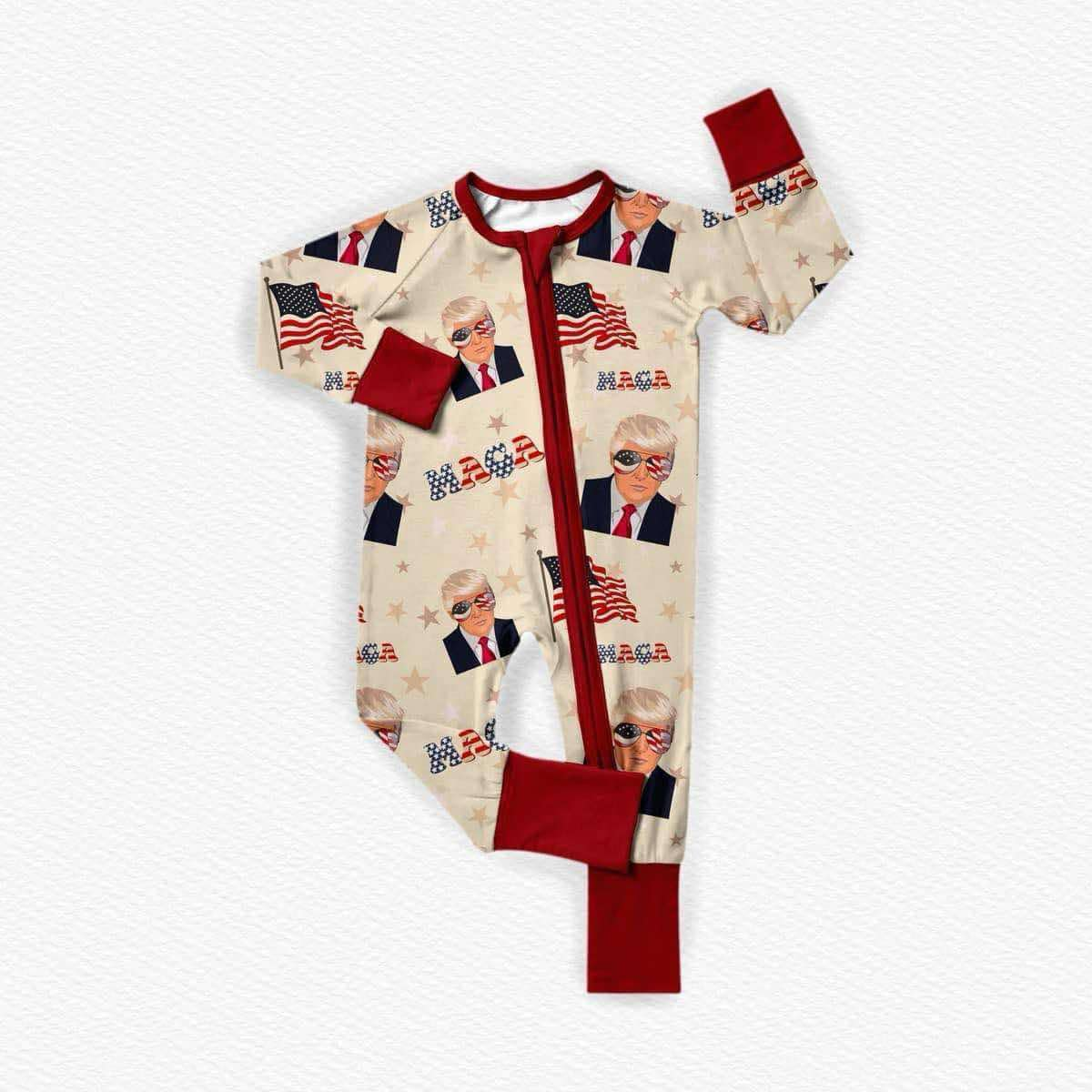 Deadline November 25 custom no moq eta 6-8weeks Baby Boys Trump Beige Long Zip-Up Romper