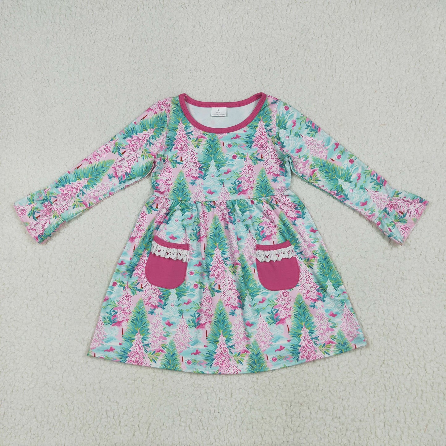 RTS NO MOQ GLD1072 Christmas tree lace rose red pocket long sleeve dress