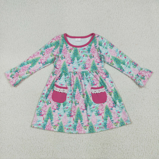 RTS NO MOQ GLD1072 Christmas tree lace rose red pocket long sleeve dress