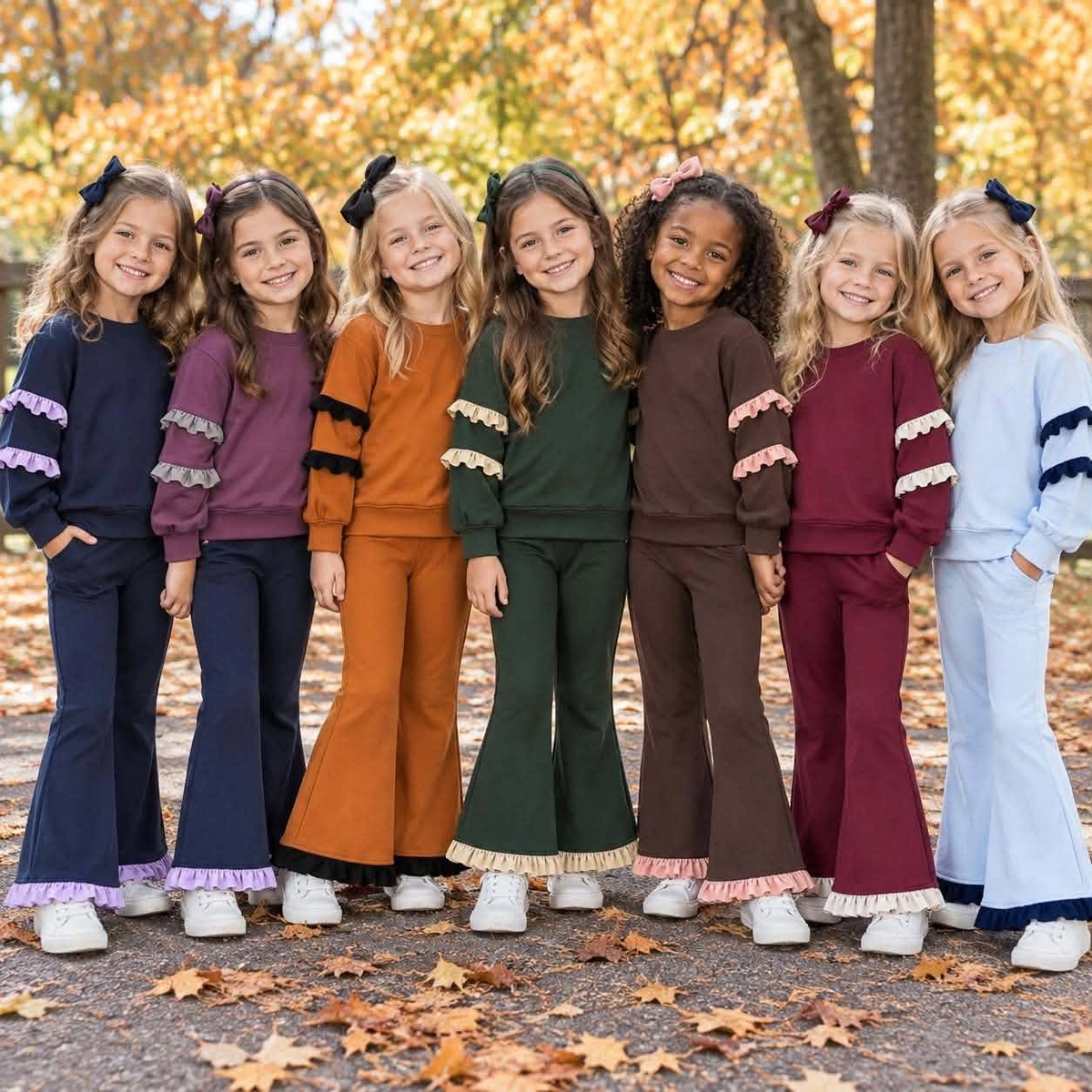(Preorder new) No moq cotton Baby Girls Ruffle Long Sleeve Sweatshirt And Ruffle Hem Flare Pants Casual Fall Clothes Set
