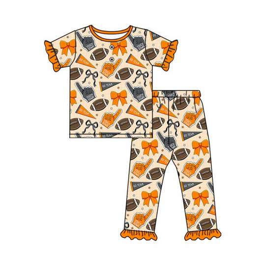 Custom moq 5 mix size milk silk summer teams baby girls clothes bow orange short sleeve pants sets-25.7.23