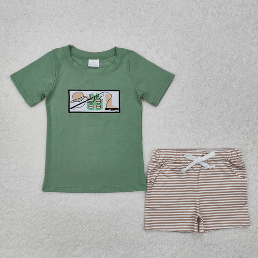 RTS NO MOQ ETA 5/7days Arrived BSSO1154 Embroidered fishing rod vest hat boots green short-sleeved striped shorts set