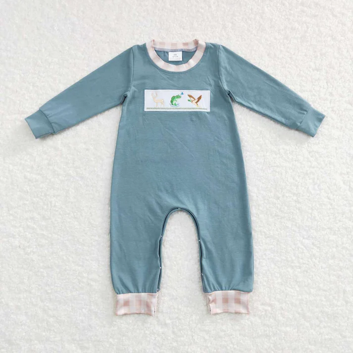 RTS NO MOQ Sibling baby Boys fishing embroidery long-sleeved pants set clothes and rompers