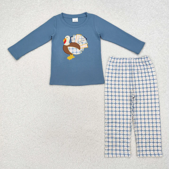 RTS NO MOQ Sibling Baby boy clothes Embroidery turkey long-sleeved trousers suits