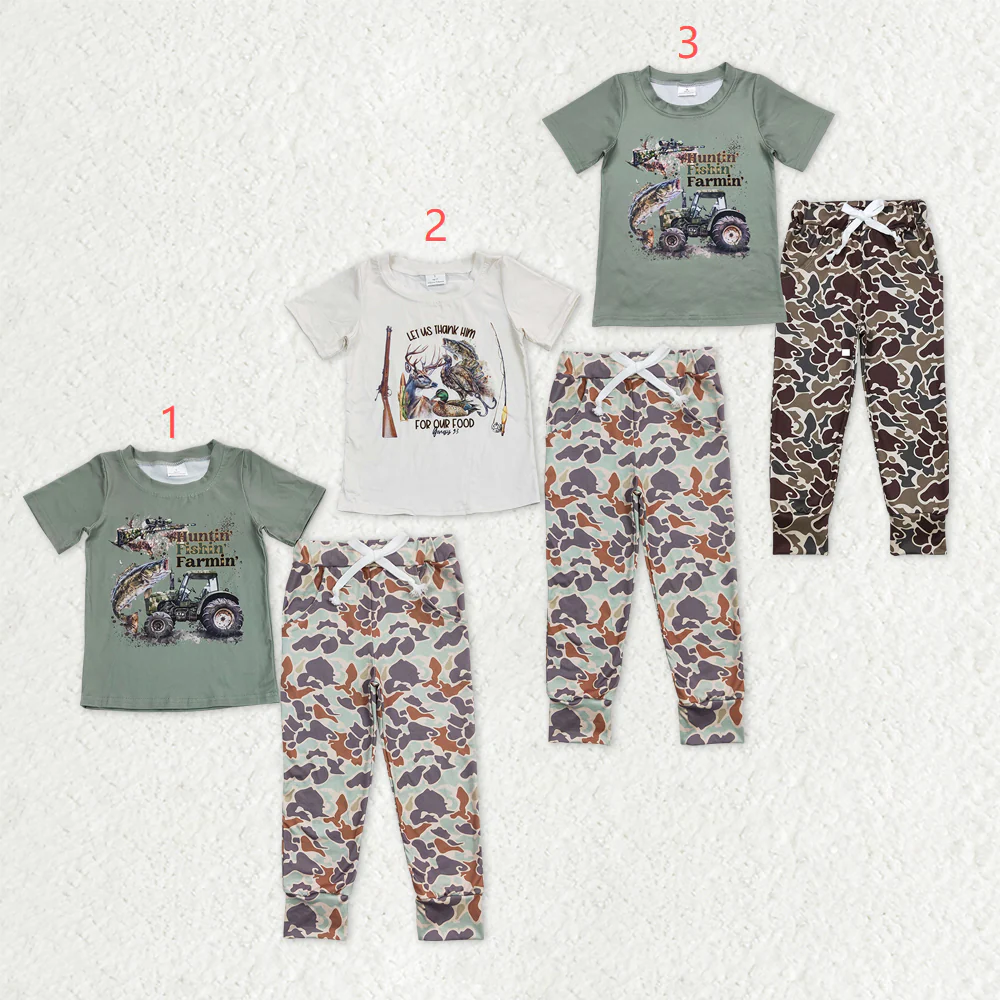 RTS NO MOQ Sibling Baby boy clothes duck puppy camouflage Short Sleeve pants Suits