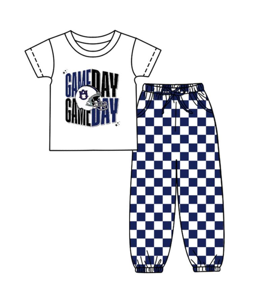 Custom summer teams baby boy clothes team GAME DAY blue plaid short sleeve pants sets-25.8.22