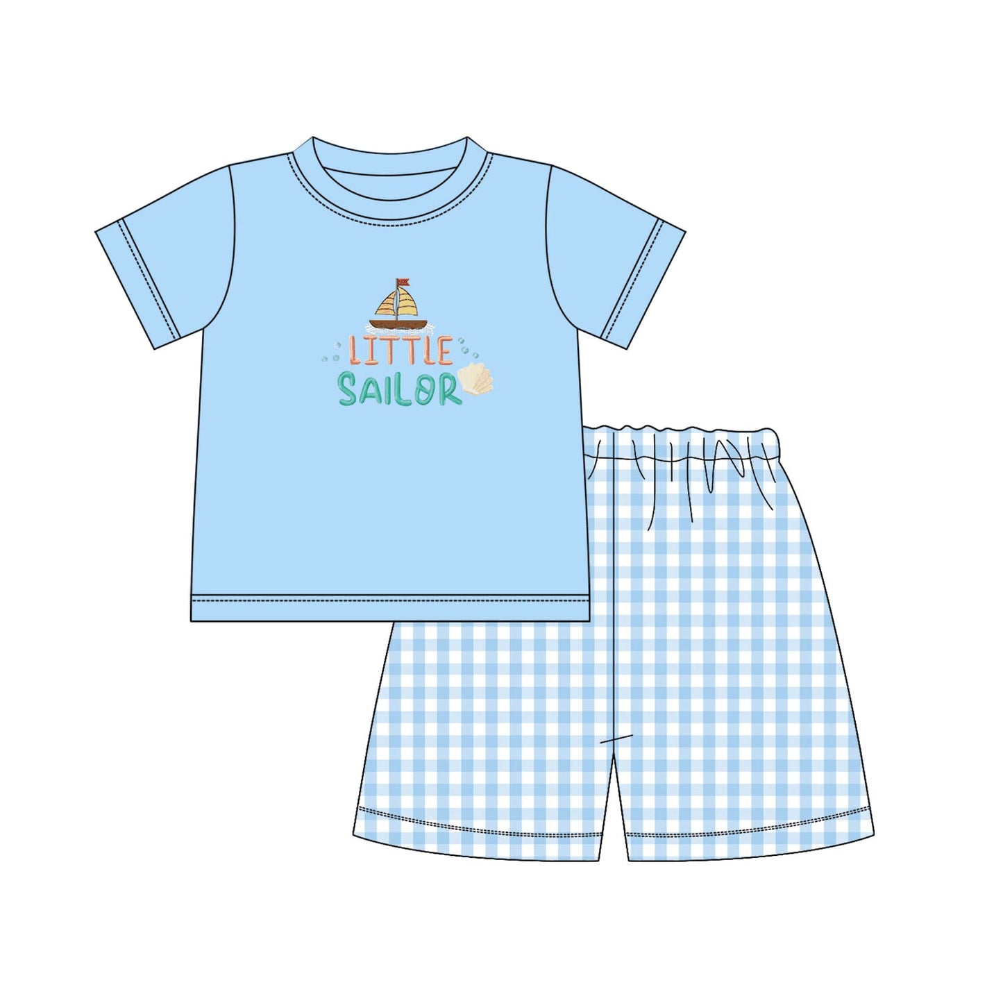 custom moq 5 eta 5-6 weeks baby boys clothes little sailor blue short sleeve grid shorts summer outfit