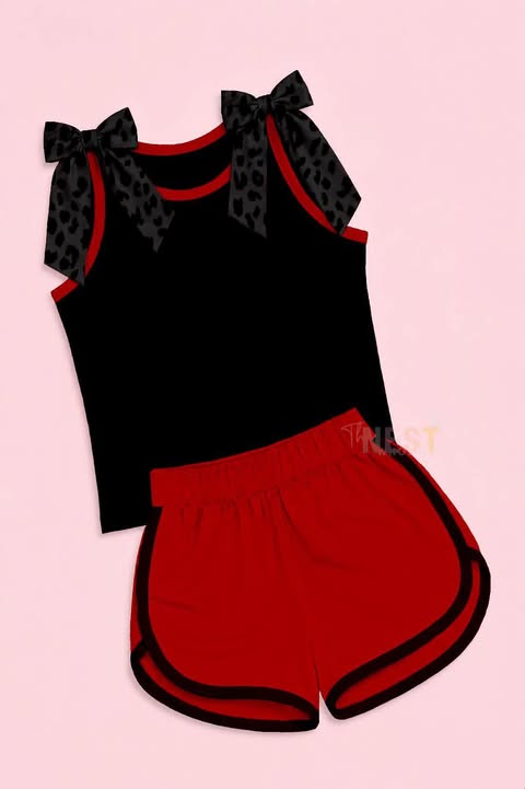 custom moq 5 mix size Baby Girls Black Red Trim Bow Strap Sleeveless Tank Top And Shorts Two Piece Summer Outfit Set