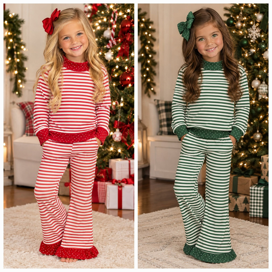 custom moq 5 mix size HYPL0101 Baby Kids Christmas Striped Pajama Set Ruffle Flare Pant Holiday Sleepwear