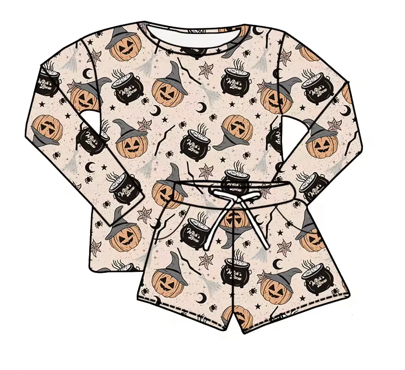 Deadline September 11 custom no moq eta 6-8weeks Halloween Pumpkin Fireplace Long Sleeve Shorts Set