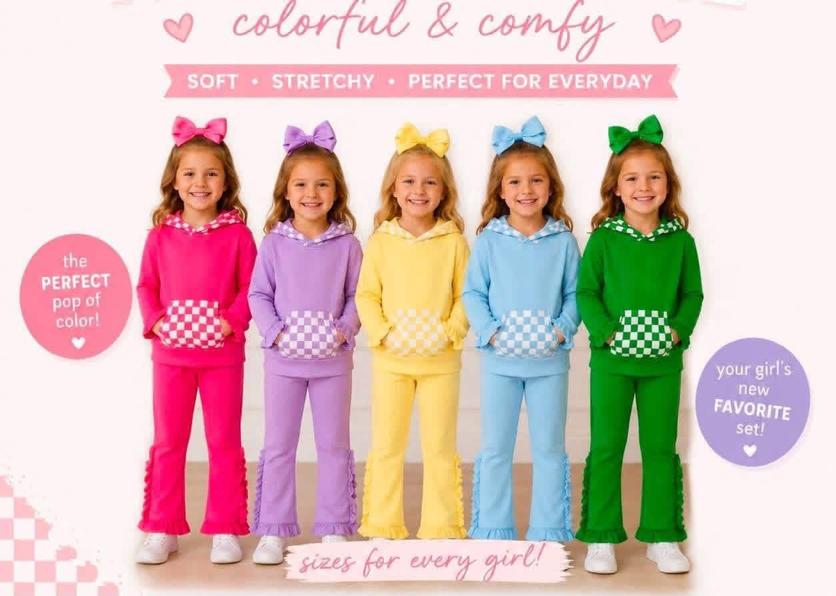 (Preorder new) No moq Baby Girls Checked Pocket Hoodie Ruffle Pant Clothes Set Casual Outfit