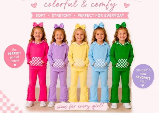 (Preorder new) No moq Baby Girls Checked Pocket Hoodie Ruffle Pant Clothes Set Casual Outfit