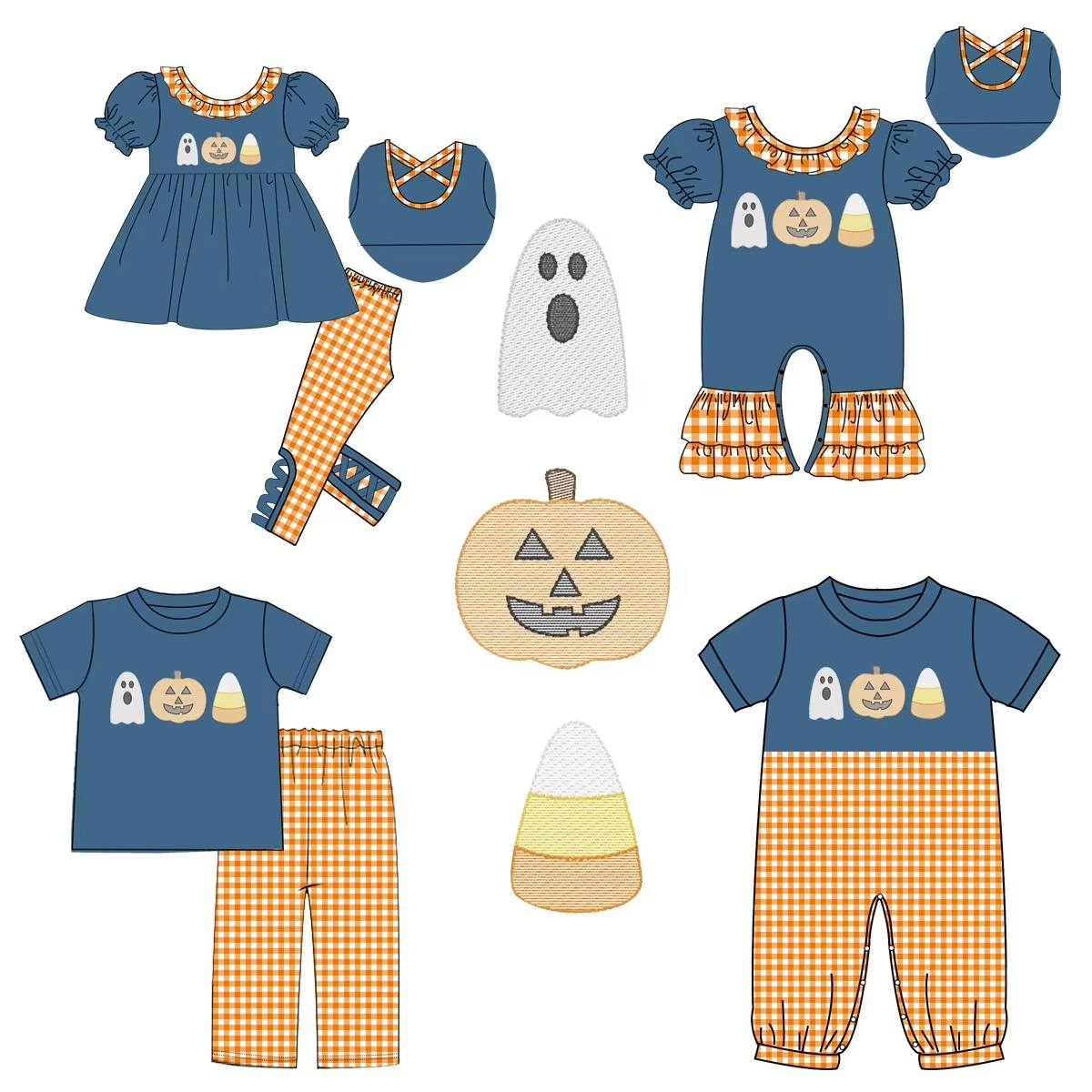 Custom moq 5 each style eta 6-7weeks baby girl clothes pumpkin short sleeve pants set 2 and romper 2-25.7.26