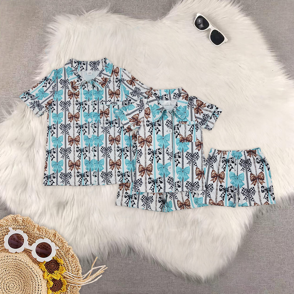 RTS NO MOQ Adult Girls bow Short Sleeve Shorts Pajama Set & kids shorts sets=
