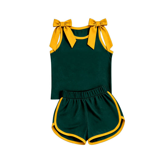 custom moq 5 mix size Baby Girls Yellow Bow Sleeveless Green Top Shorts Summer Casual Clothes Set