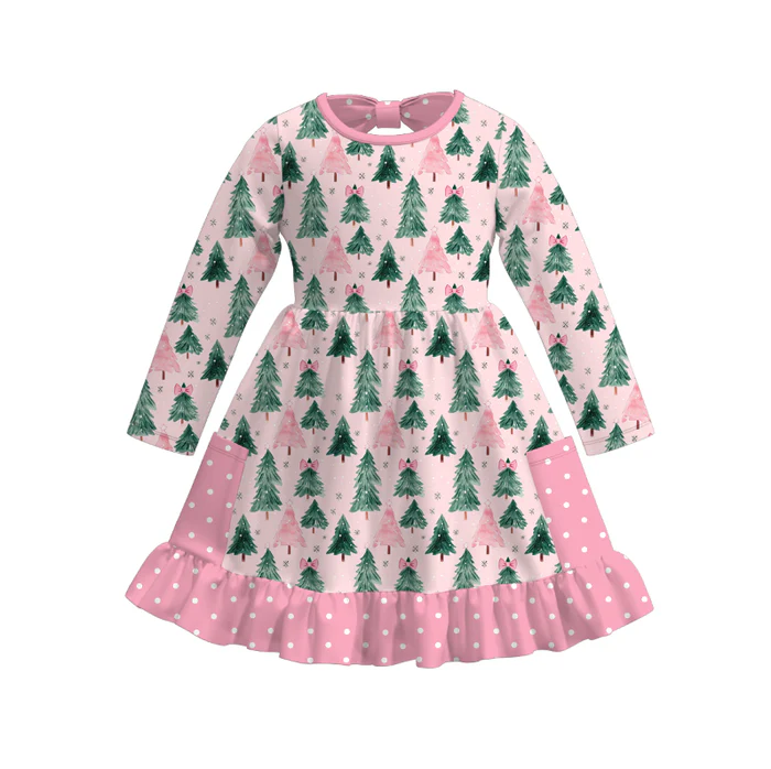 Custom moq 5 each style eta 6-7weeks Christmas trees pink baby girl short sleeve pant sets and long sleeve pants sets and dress and romper and adult set