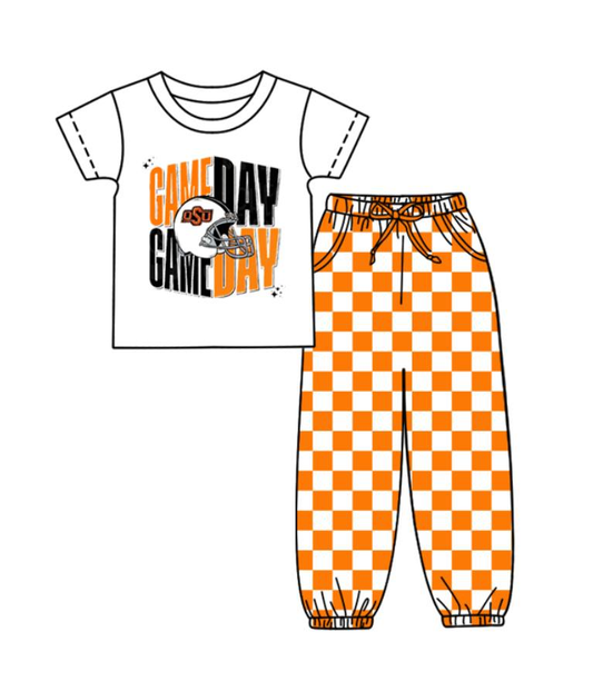 Custom summer teams baby boy clothes team GAME DAY orange plaid short sleeve pants sets-25.8.22