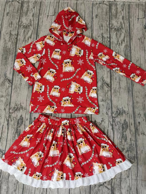 Custom moq 3 eta 6-7weeks  Red Christmas Girls Long Sleeve Hooded Pullover Top-Pants Skirt Set