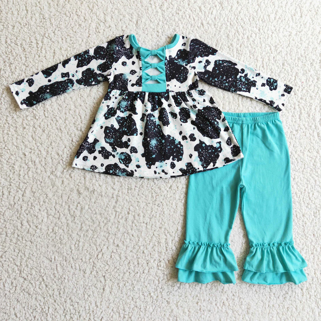 RTS NO MOQ Sibling Baby girl clothes cow pattern long-sleeved trousers suit & rompers and dress