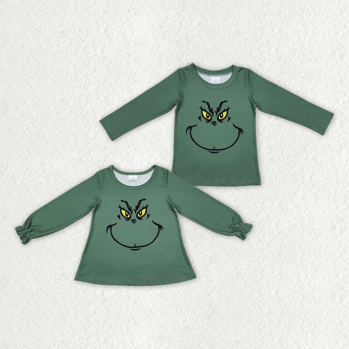 RTS NO MOQ Smiley Green Monster Pattern Dark Green Long Sleeve Top: Boys & Girls