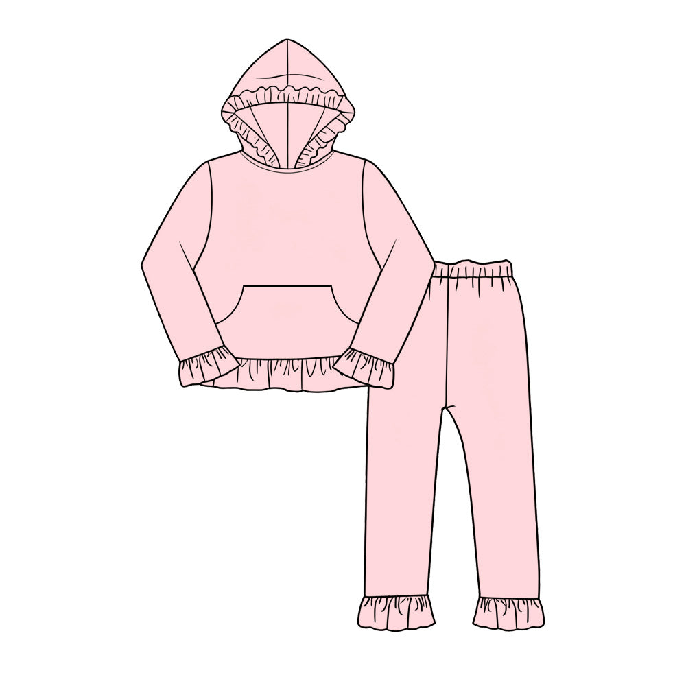 custom moq 5 mix size KYMN0101 Baby Ruffle Trim Hoodie Sweatshirt And Ruffle Cuff Leggings Set Fall Casual Kids Long Sleeve Outfit With Front Pocket