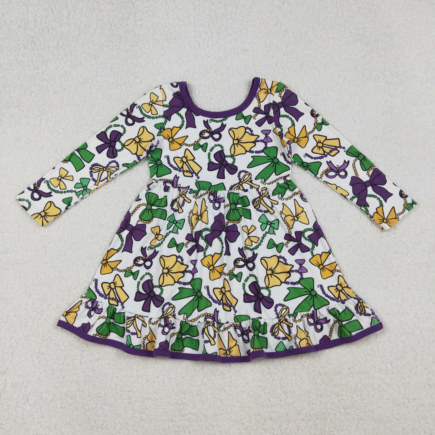 RTS NO MOQ（In Stock) 12/18m-7/8t GLD1320 Mardi Gras Bow Necklace Pattern White Long Sleeve Dress