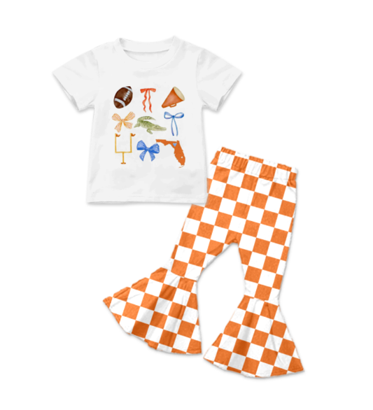 Custom summer teams baby girl clothes team bow orange plaid short sleeve pants sets-25.8.16
